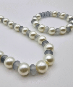 Alternative view of White Pearl & Grey Bead Necklace Set – Elegant Gloss Finish with Matching Bracelet