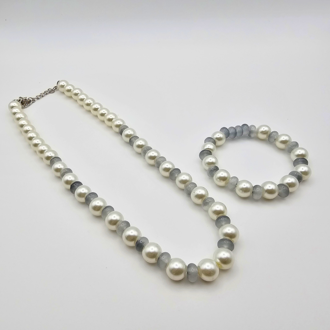 White Pearl & Grey Bead Necklace Set – Elegant Gloss Finish with Matching Bracelet