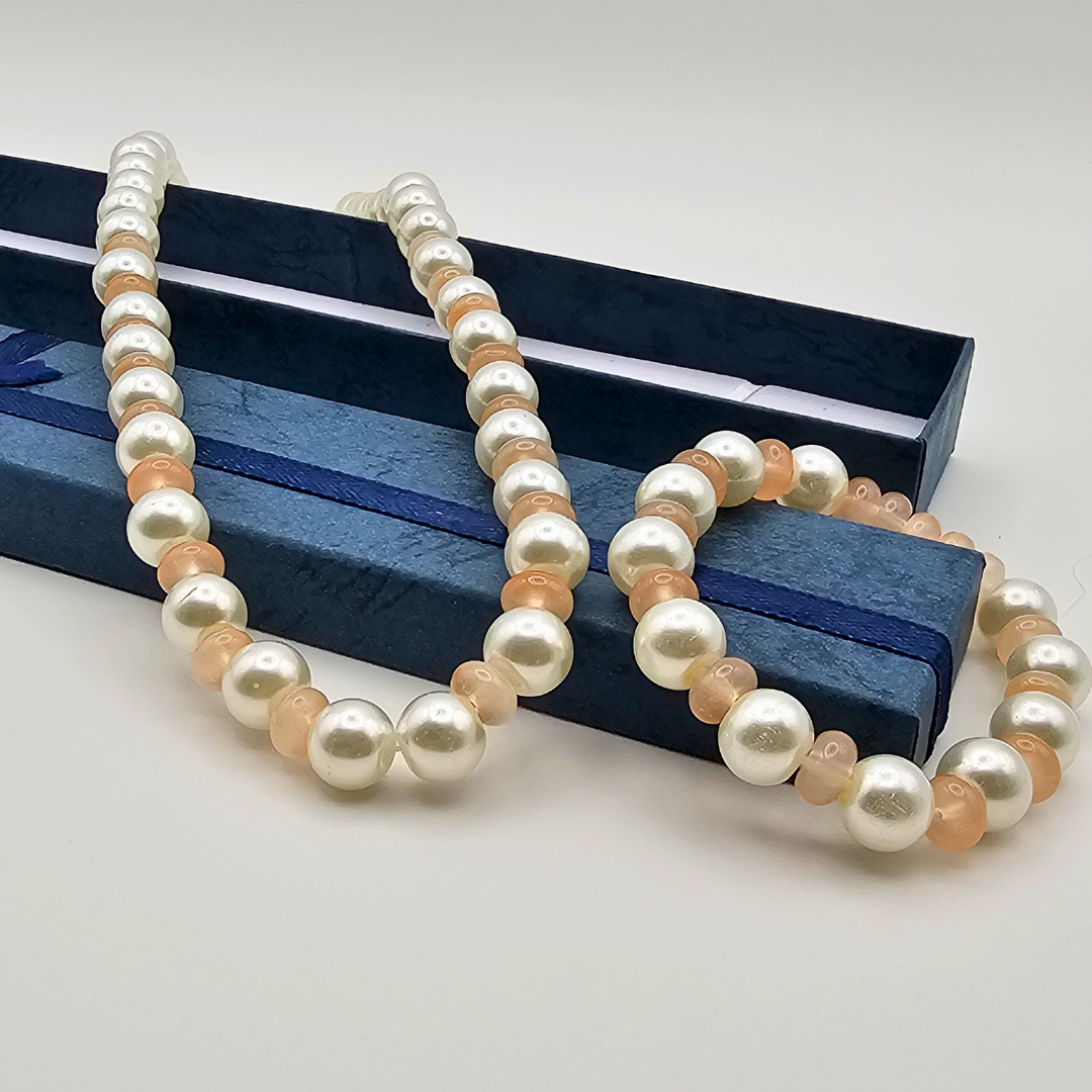 White Pearl & Orange Bead Necklace Set – Elegant Gloss Finish with Matching Bracelet - Image 3