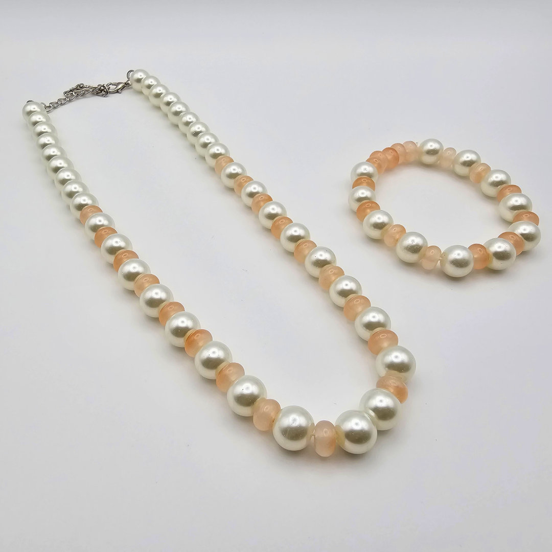 White Pearl & Orange Bead Necklace Set – Elegant Gloss Finish with Matching Bracelet