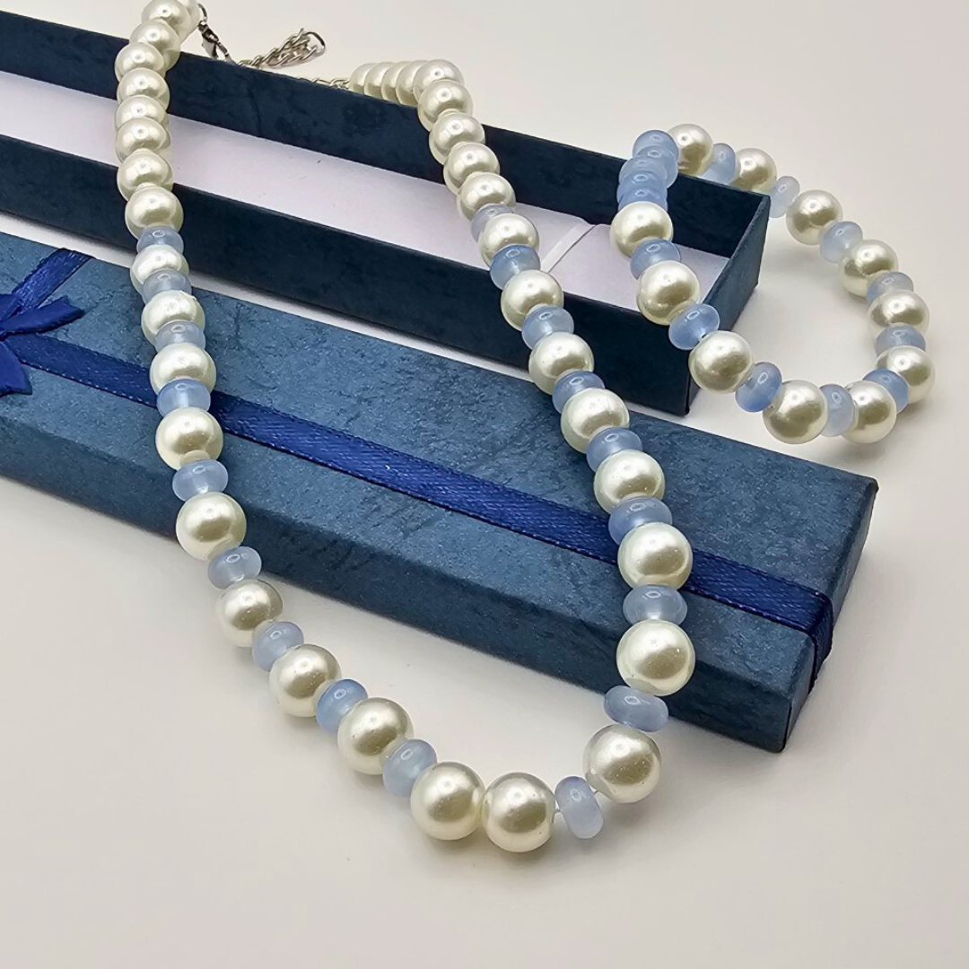 White Pearl & Blue Bead Necklace Set – Elegant Gloss Finish with Matching Bracelet - Image 3