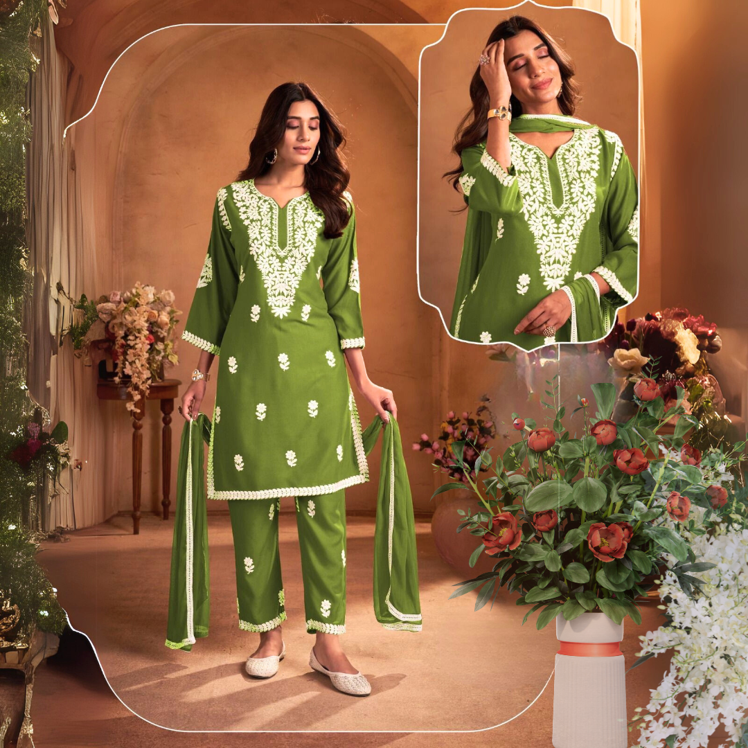 Olive Grace – Embroidered Rayon Kurti Set - Image 2
