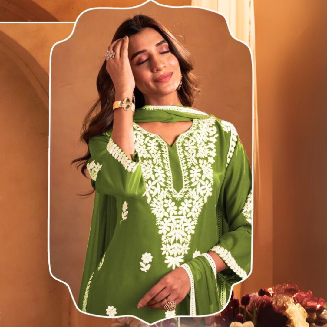 Olive Grace – Embroidered Rayon Kurti Set - Image 3