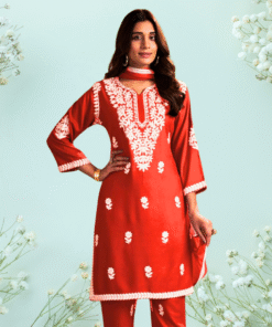 Fiery Red Orange Elegance – Embroidered Rayon Kurti Set