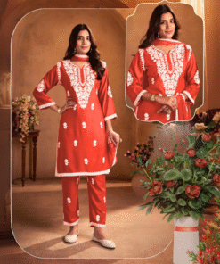 Alternative view of Fiery Red Orange Elegance – Embroidered Rayon Kurti Set