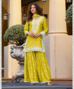 Mustard Chinon Sharara Suit Set with White Embroidery