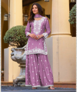 Purple Chinon Sharara Suit Set with White Embroidery