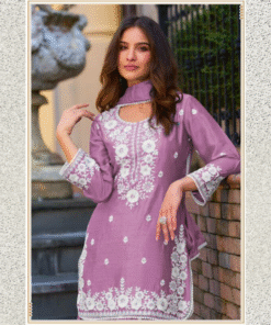 Alternative view of Purple Chinon Sharara Suit Set with White Embroidery