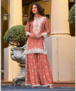 Warm Orange Chinon Sharara Suit Set with White Embroidery