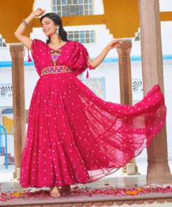 Pink Embroidered Long Gown with Stylish Knot Sleeves