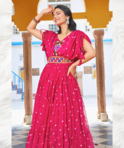 Alternative view of Pink Embroidered Long Gown with Stylish Knot Sleeves