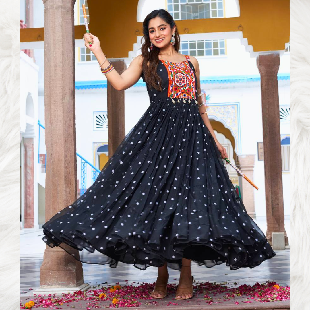 Embroidered Long Gown – Black & Red