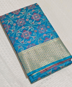 Crystal Teal & Red Pattu Silk Saree with Golden Zari Border