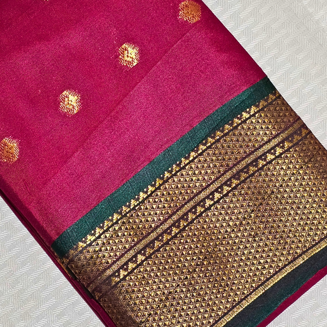 Elegant Pink Pattu Silk Saree with Golden-Green Border - Image 2