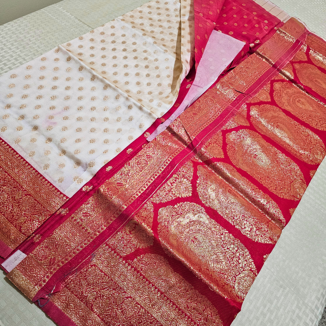 White & Gold-Red Pattu Silk Saree – Timeless South Indian Elegance - Image 4