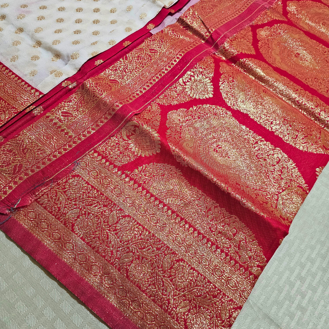 White & Gold-Red Pattu Silk Saree – Timeless South Indian Elegance - Image 5