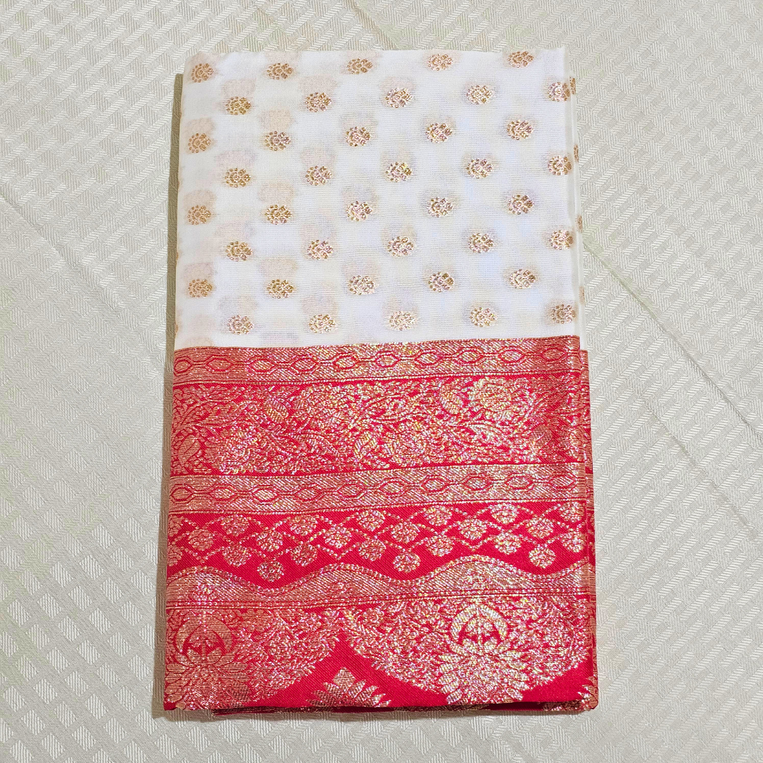 White & Gold-Red Pattu Silk Saree – Timeless South Indian Elegance - Image 6