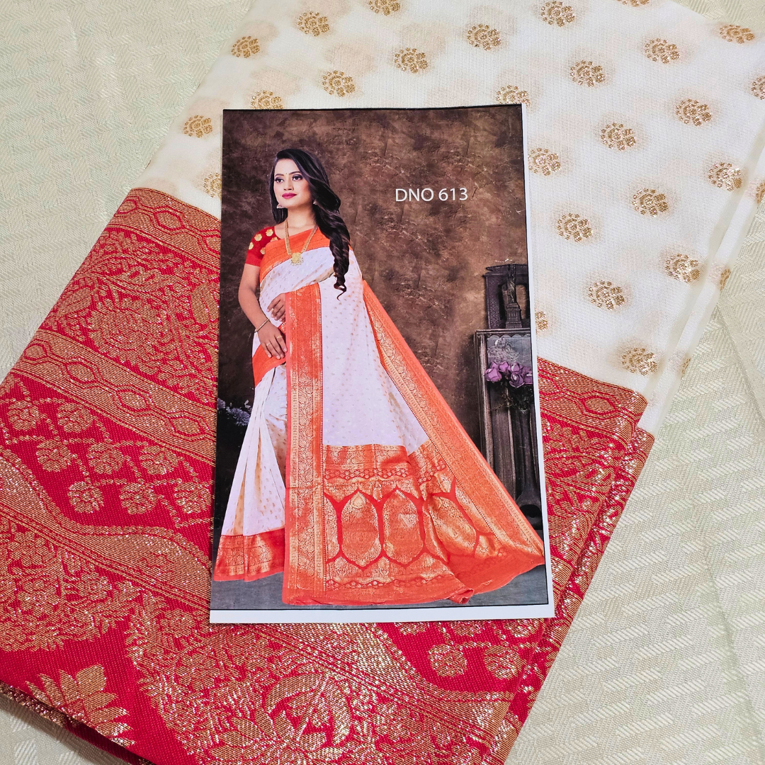 White & Gold-Red Pattu Silk Saree – Timeless South Indian Elegance