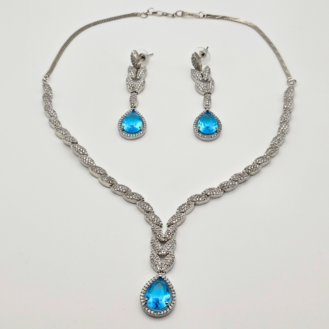 RoyalBlue Teardrop American Diamond Necklace Set - Image 4