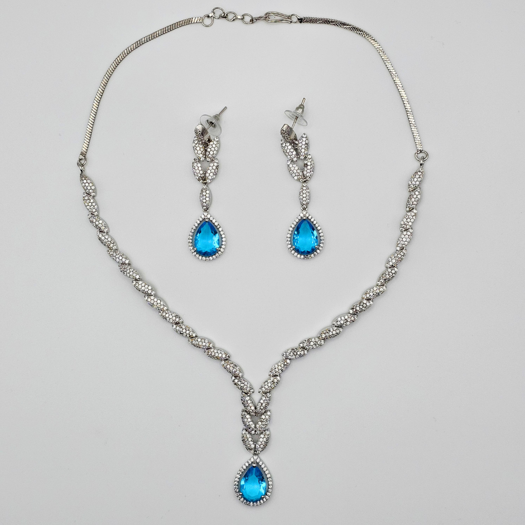 American Diamond Necklace Set Blue Teardrop