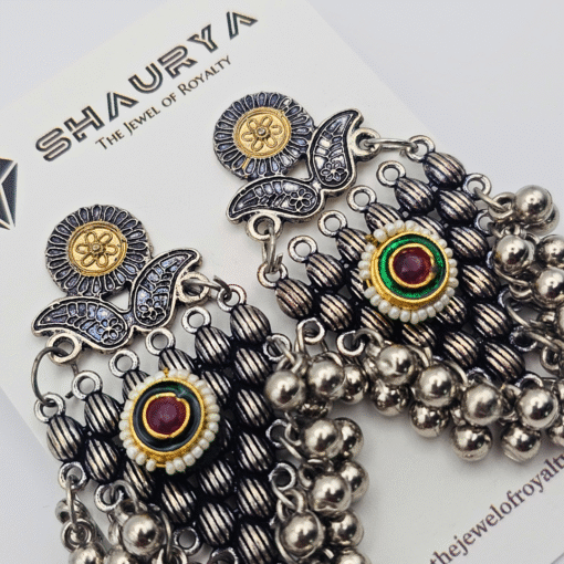 Dual tone oxidized silver jhumka earrings