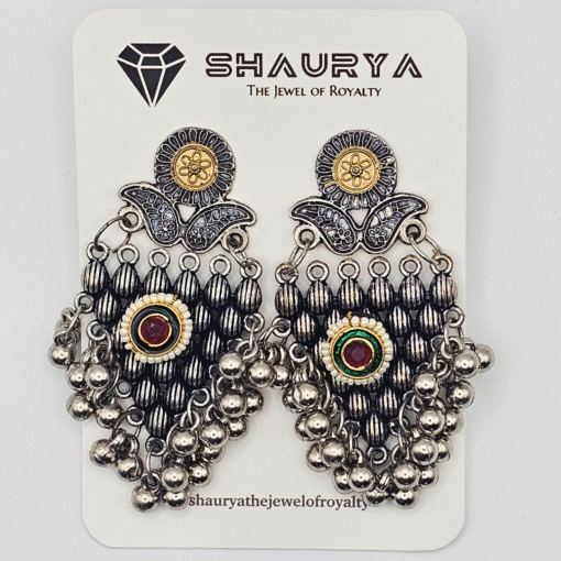 Dual tone oxidized silver jhumka earrings