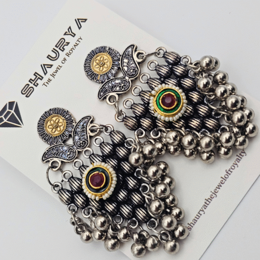Dual tone oxidized silver jhumka earrings