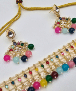 Alternative view of Multicolored Beads Kundan Choker Necklace Set