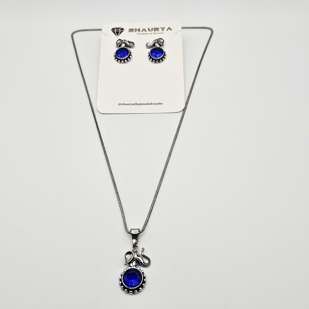 Blue Gemstone Elephant Oxidized Necklace Set