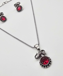 Red Gemstone Elephant Oxidized Necklace Set