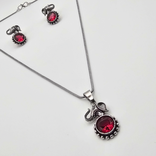 Red Gemstone Elephant Oxidized Necklace Set