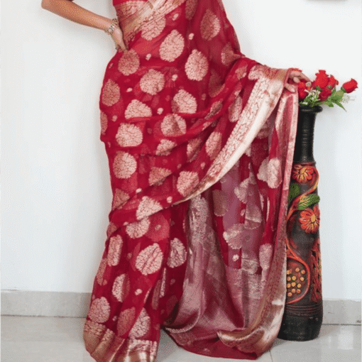 red jacquard silk ready to wear saree