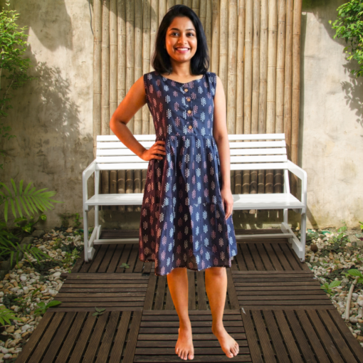 Navy leaf print midi dress