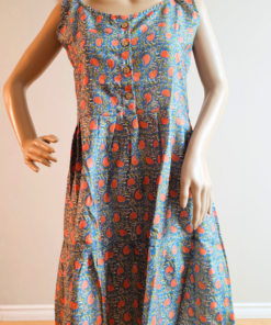 Earthy Blue & Rust Paisley Sleeveless Tiered Midi Dress